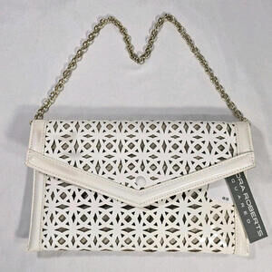 Sondra Roberts Squared Handbag Diagonal Open Cut White on Beige  Chain and Snap